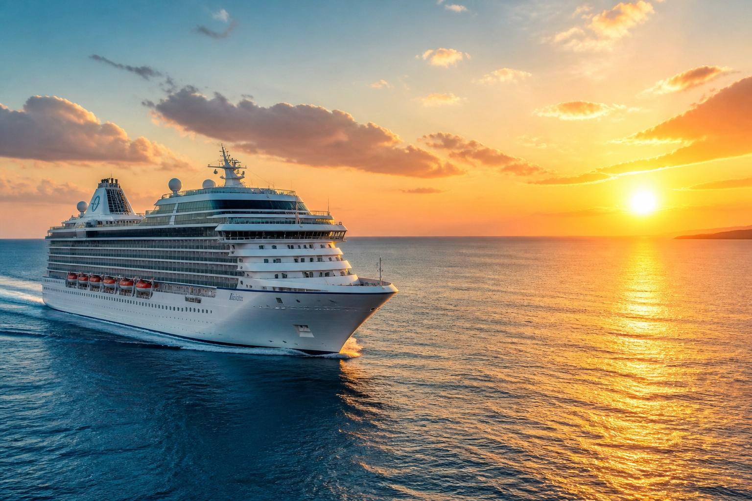 Luxury cruise ship sailing calmly on sparkling blue ocean waters at sunset