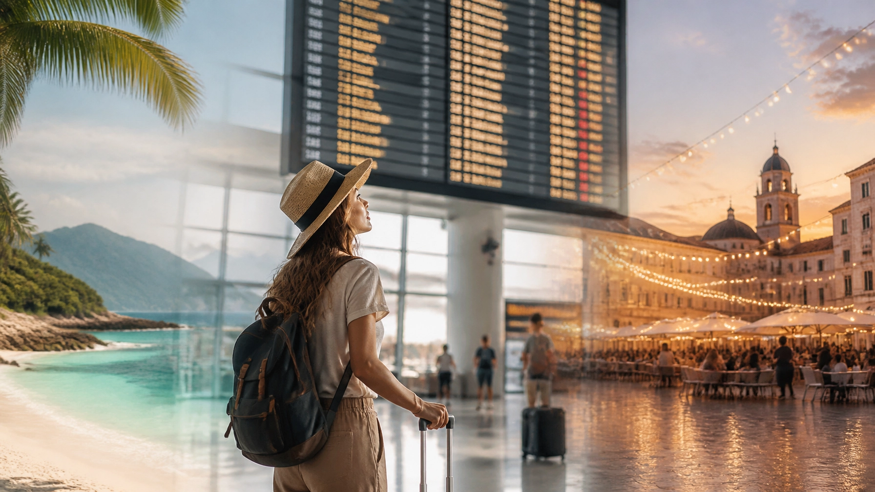 Traveler checking flight information in a bright international airport during late summer