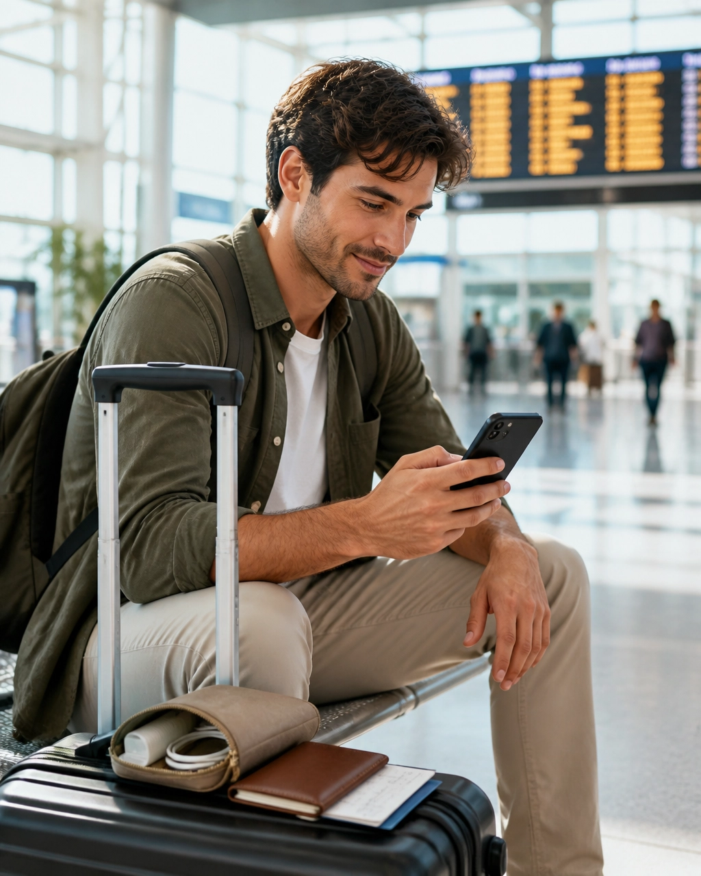 Traveler checking a smartphone flight status beside a carry-on at an international airport