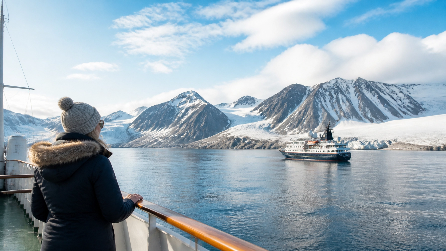 Expedition ship near icy mountains in Svalbard during late summer