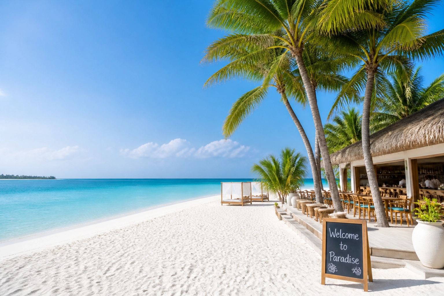 Luxurious tropical beach resort with pristine white sand and turquoise water