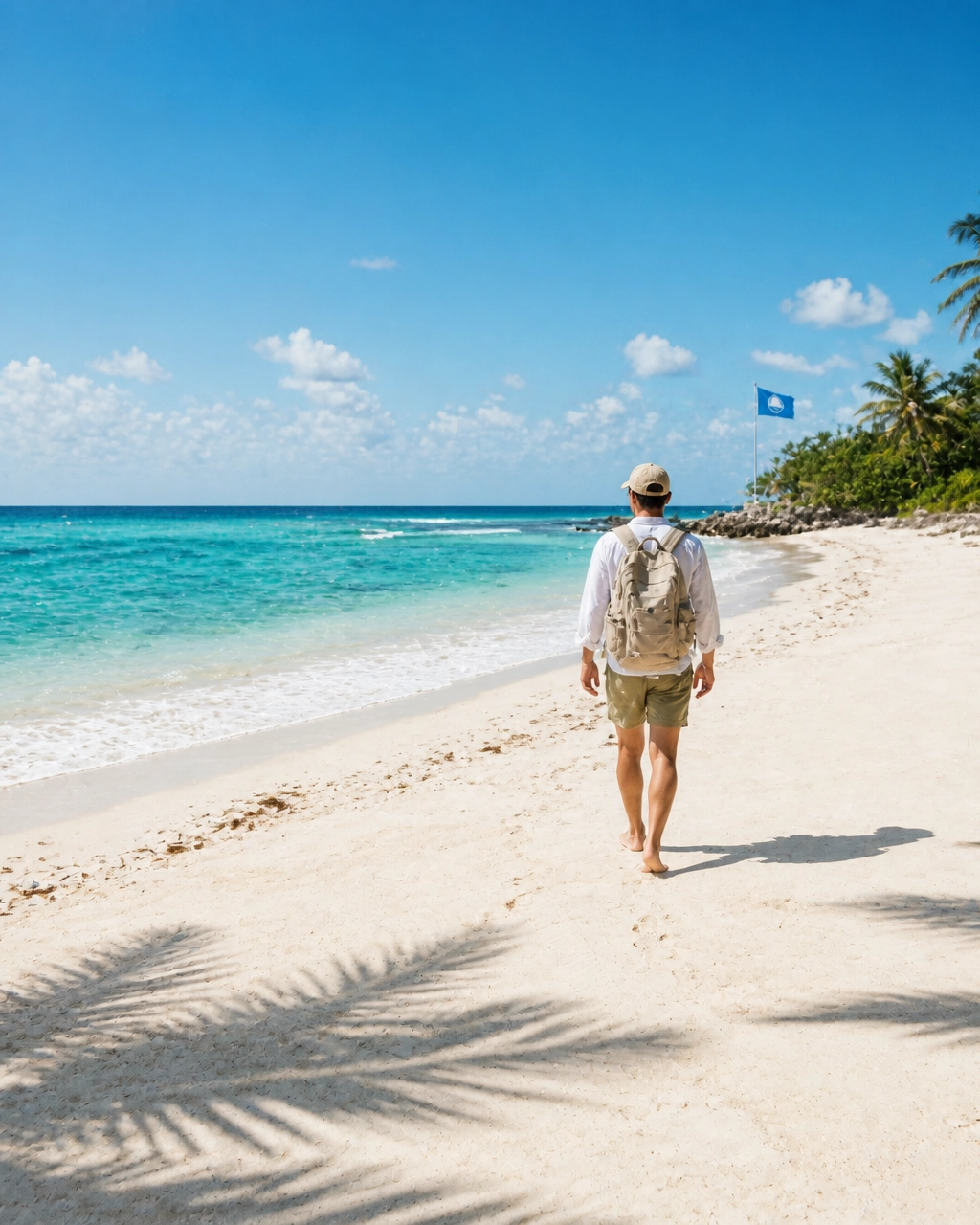 Traveler walking along a clean turquoise beach in Cancun with a Blue Flag certification marker