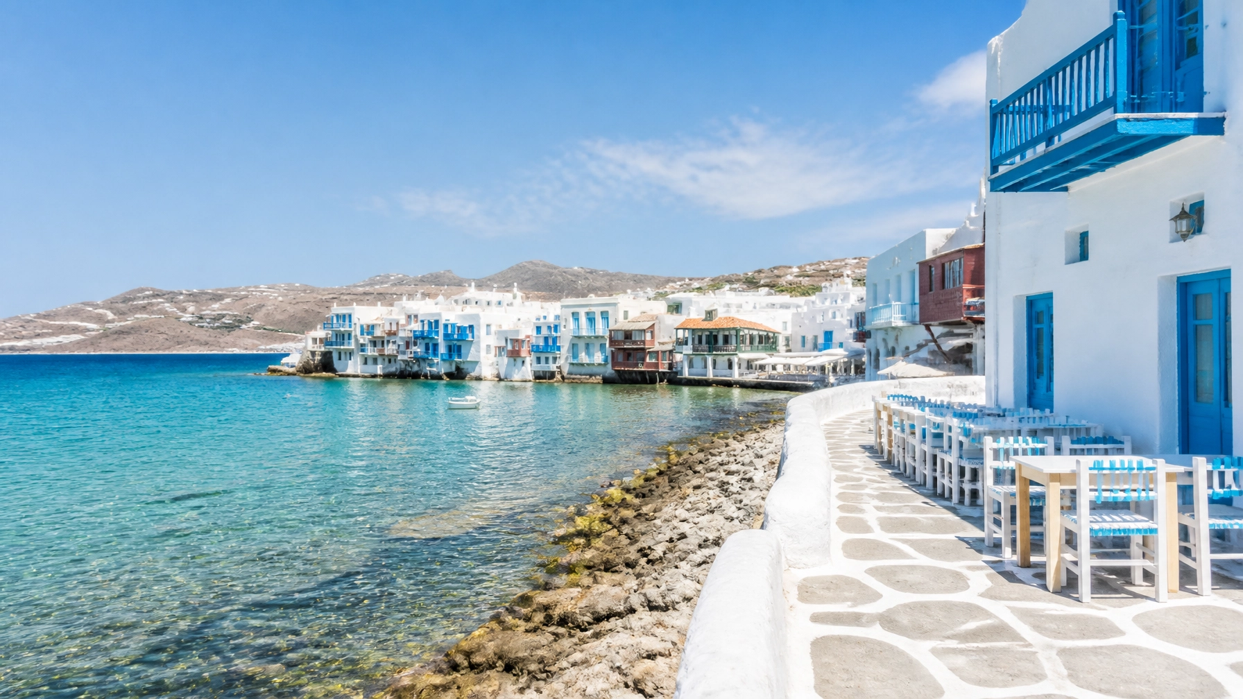 Serene Mediterranean coastal village with whitewashed houses