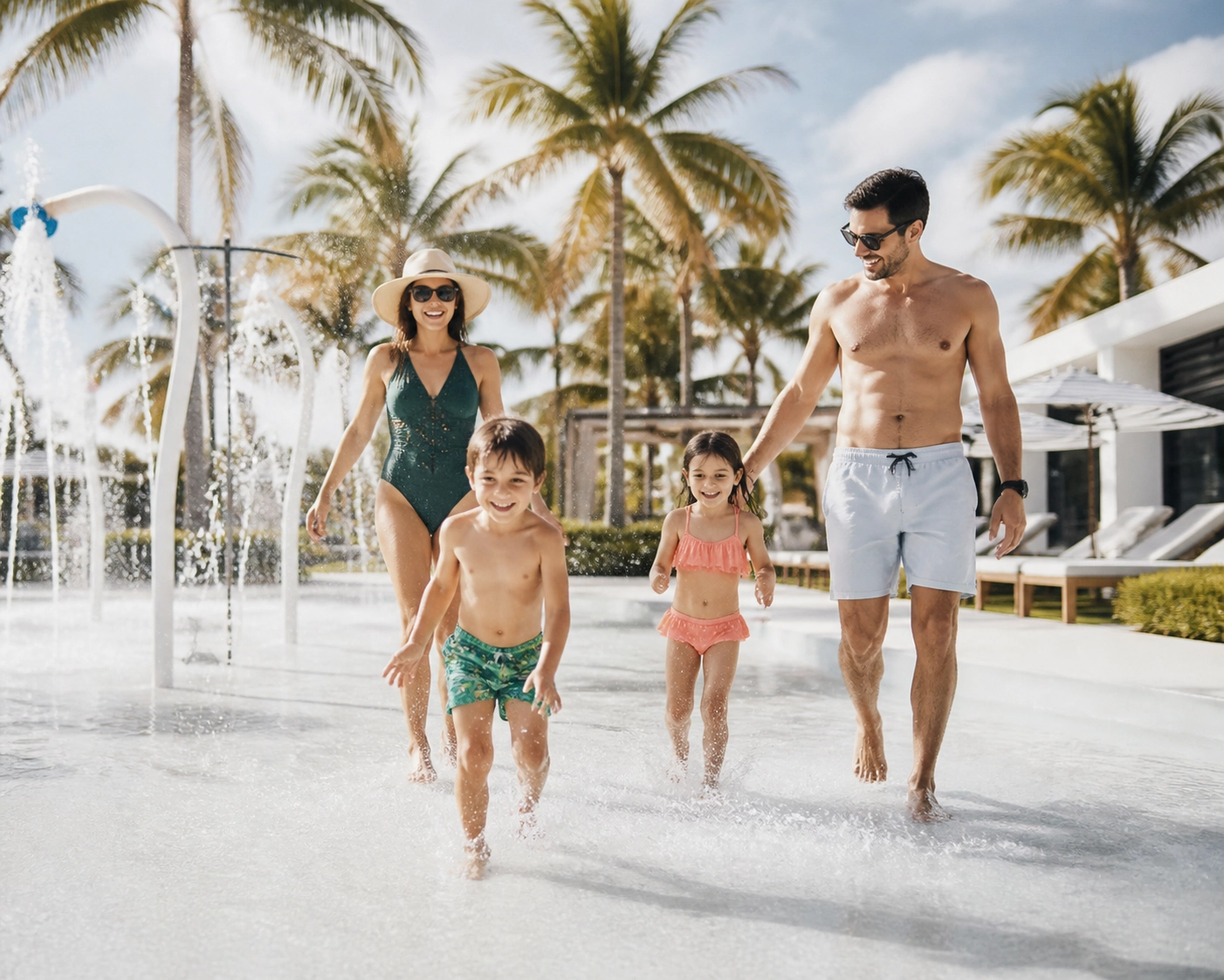 Family enjoying a sunny beachside resort