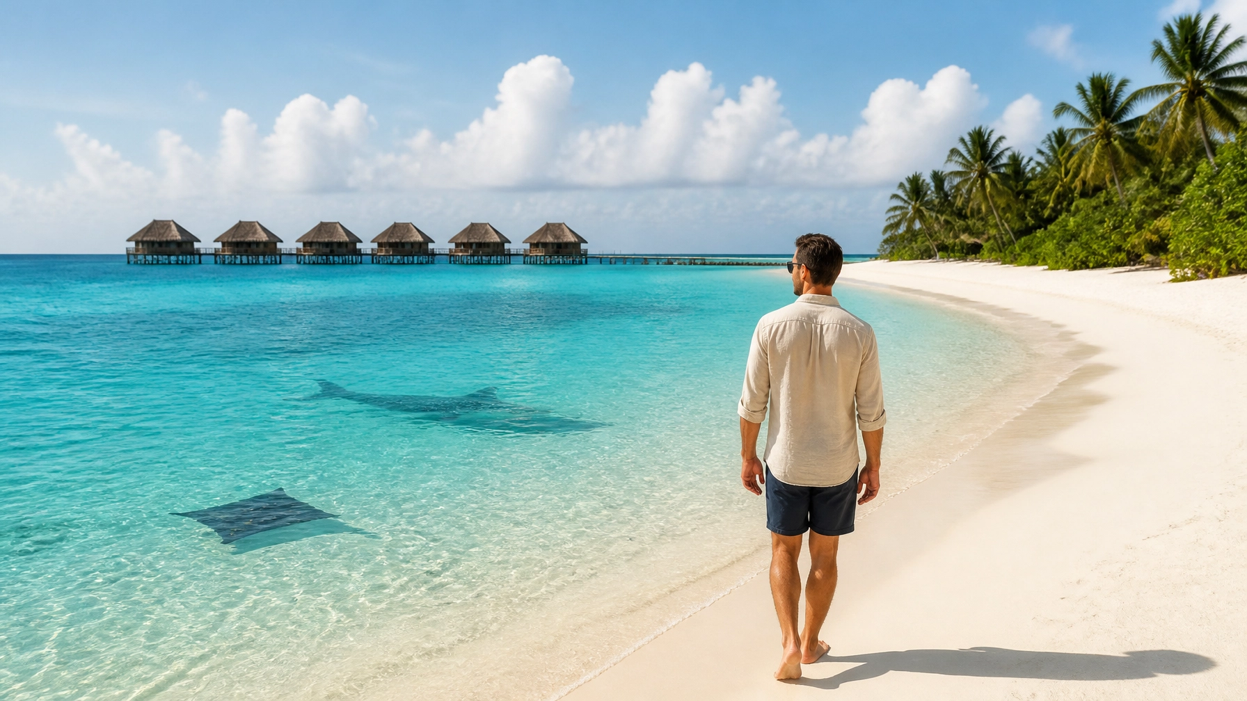 Traveler walking along a tropical island beach in the South Ari Atoll