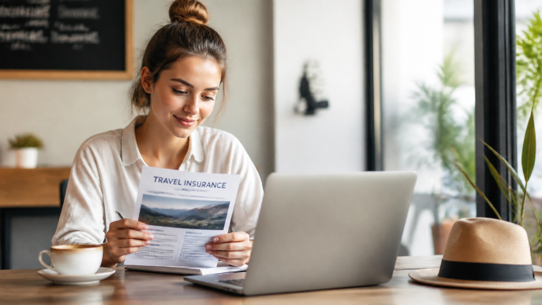 Traveler reviewing insurance documents in a cozy cafe