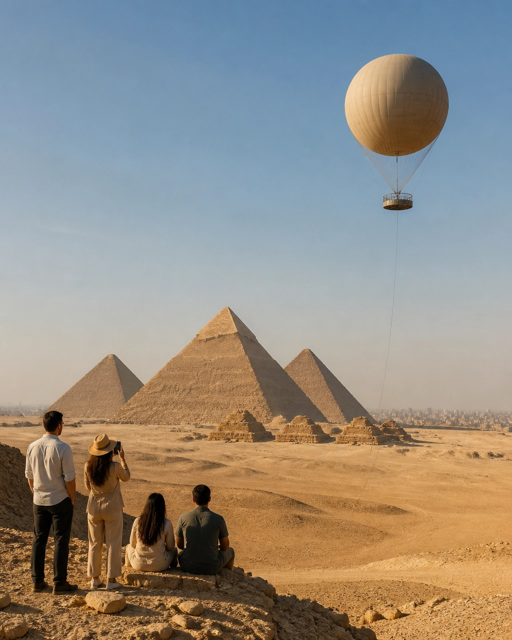 Tethered helium balloon overlooking the Giza pyramids and desert landscape