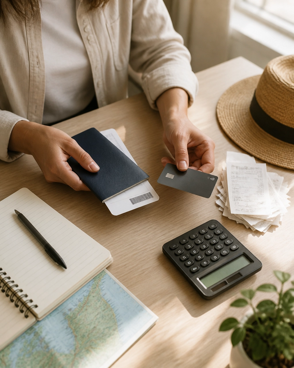 Traveler organizing a passport, boarding pass, payment card, receipts, and calculator before a trip