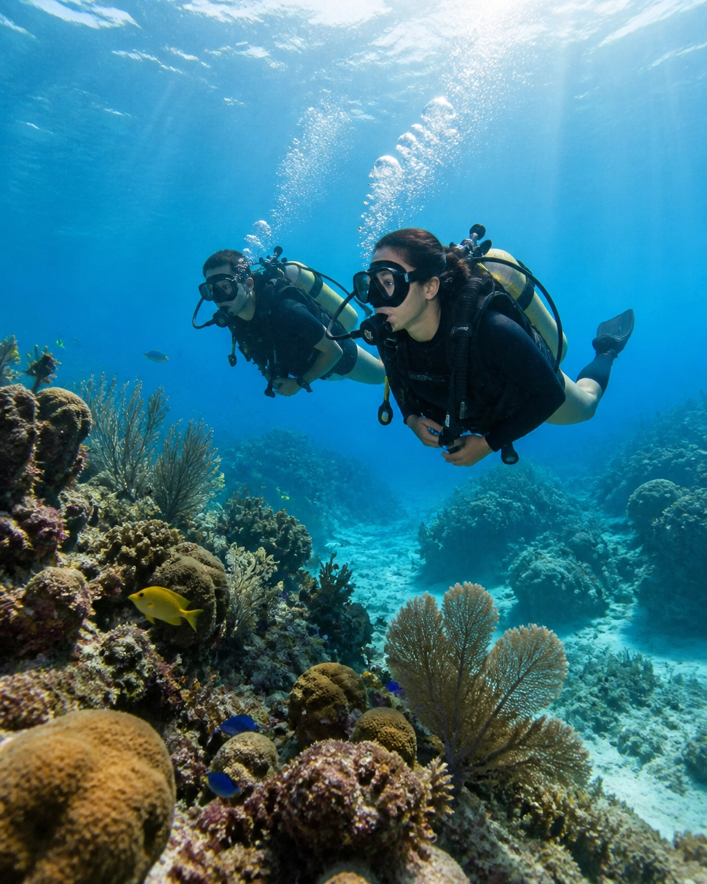 Two buddy divers exploring a colorful Caribbean reef