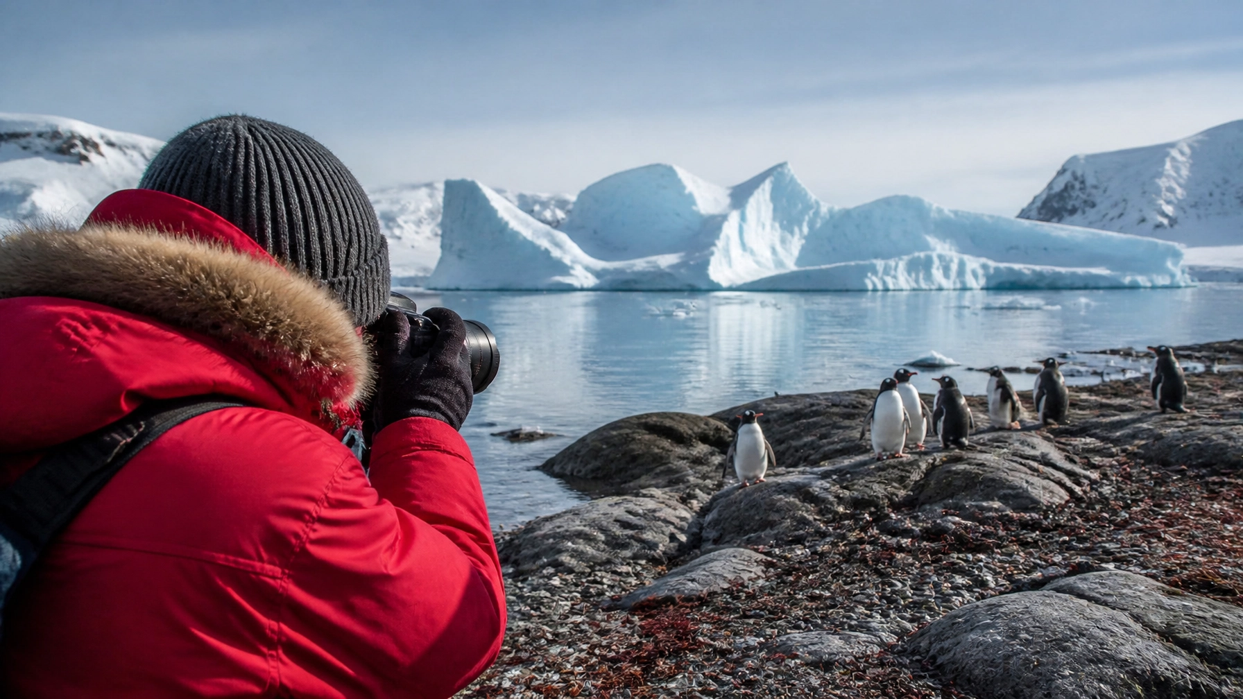 Wildlife photographer photographing penguins beside Antarctic icebergs
