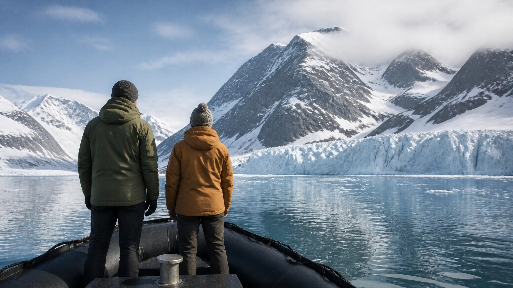 Travelers viewing a glacier and rugged coastline from a small zodiac boat in Svalbard