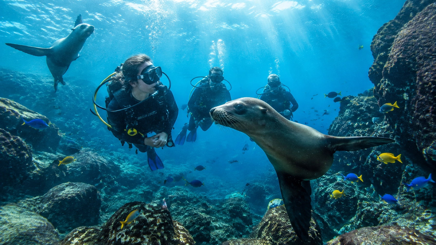 Scuba divers exploring volcanic underwater scenery near the Galápagos Islands