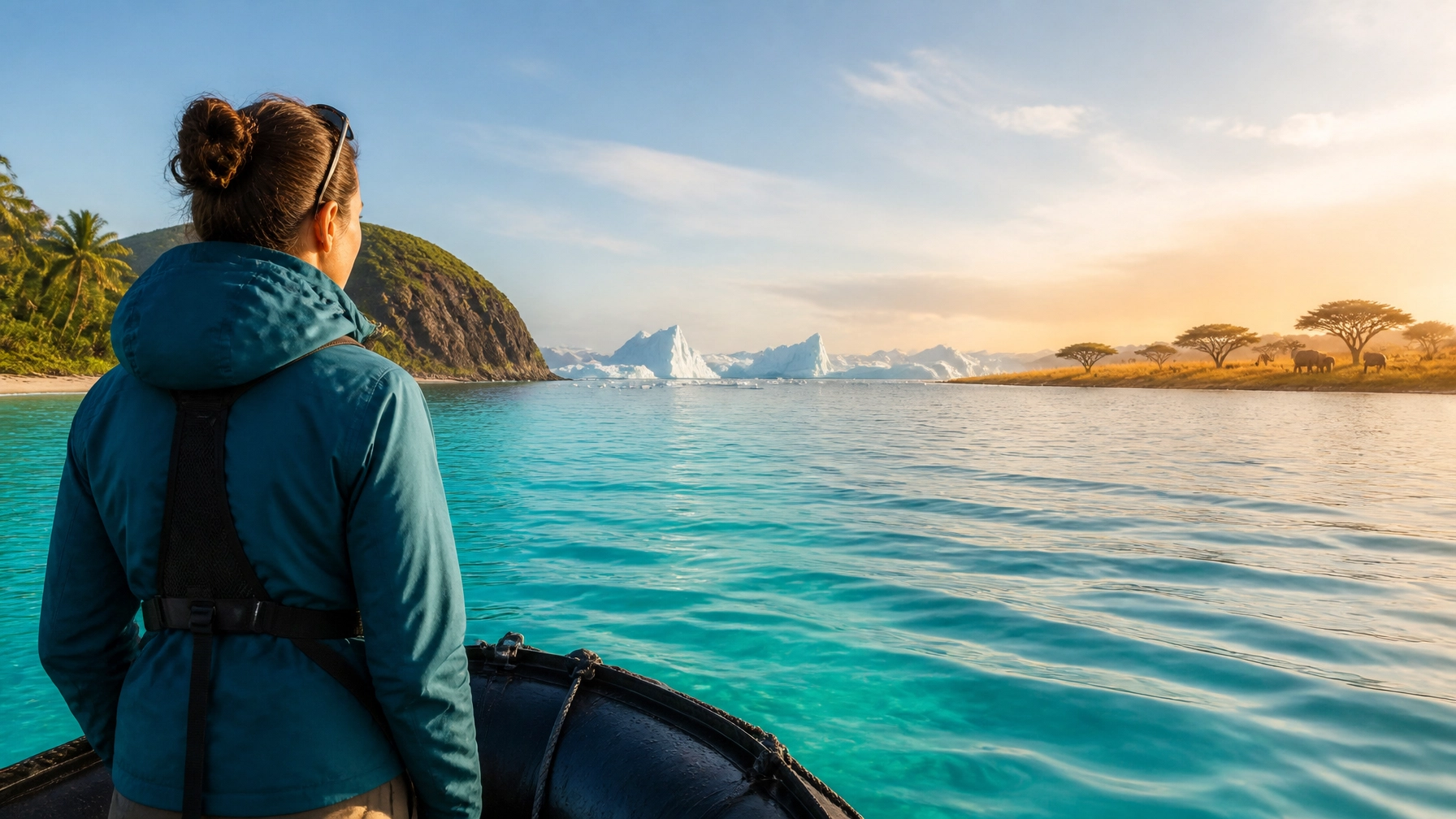Traveler watching sunrise over turquoise Caribbean water, icebergs, and African savanna