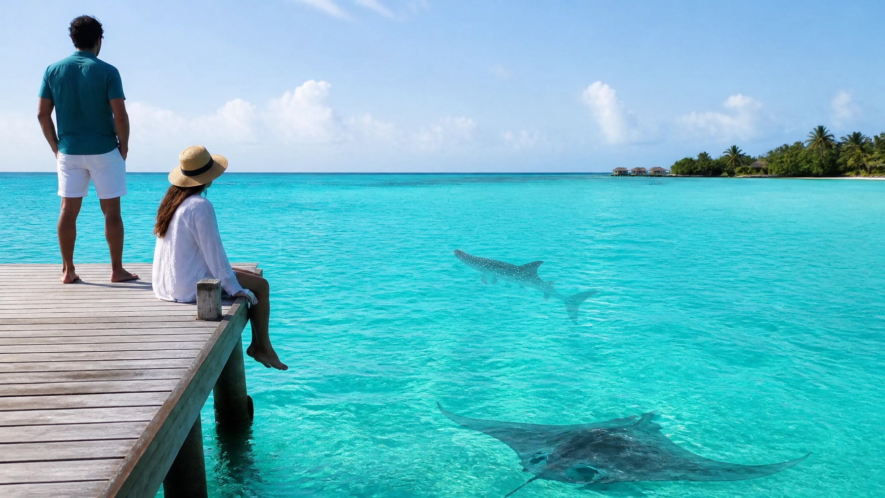 Travelers relaxing on a wooden jetty while a manta ray and whale shark move through turquoise water