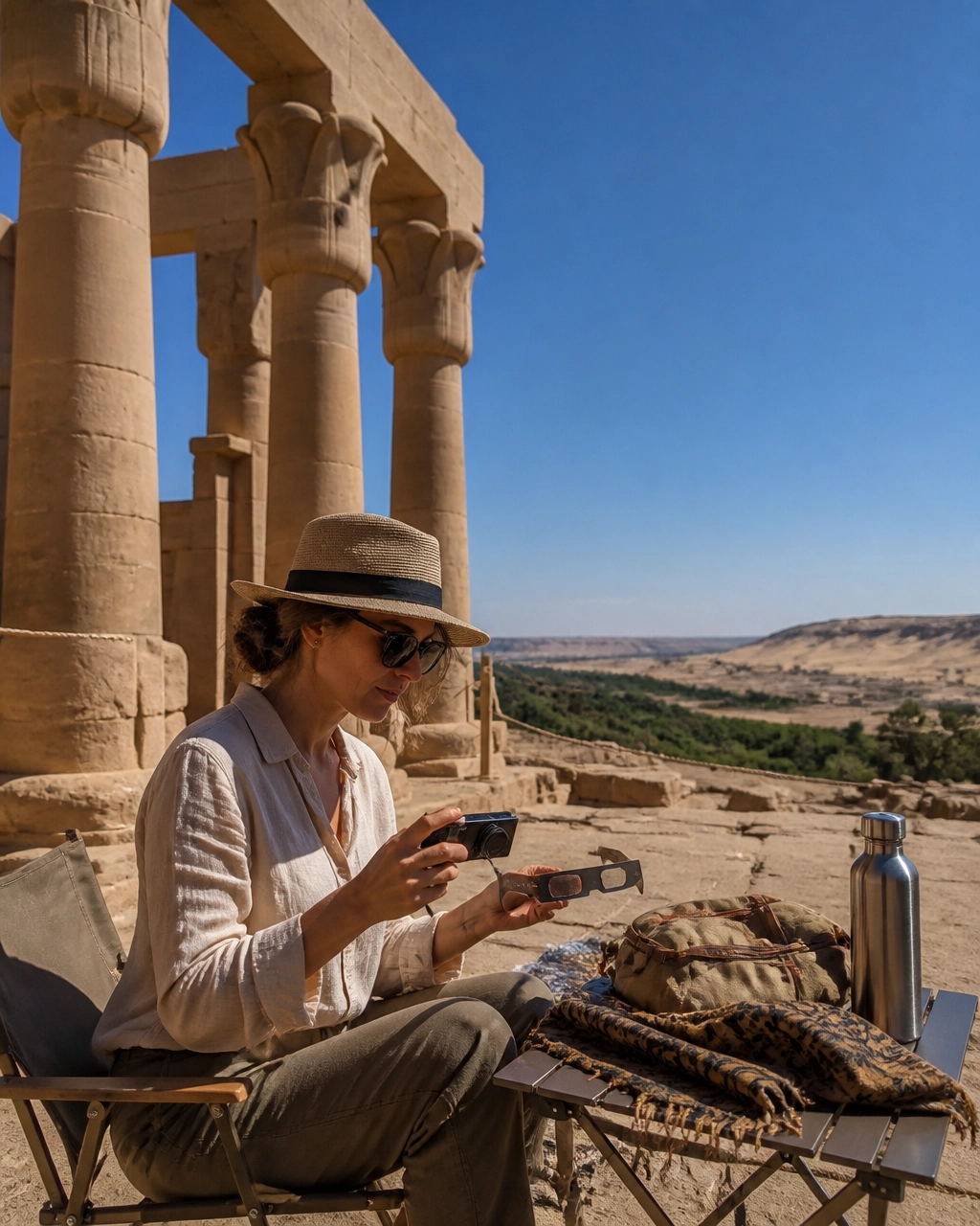 Traveler preparing a camera and eclipse glasses near an ancient temple in Upper Egypt