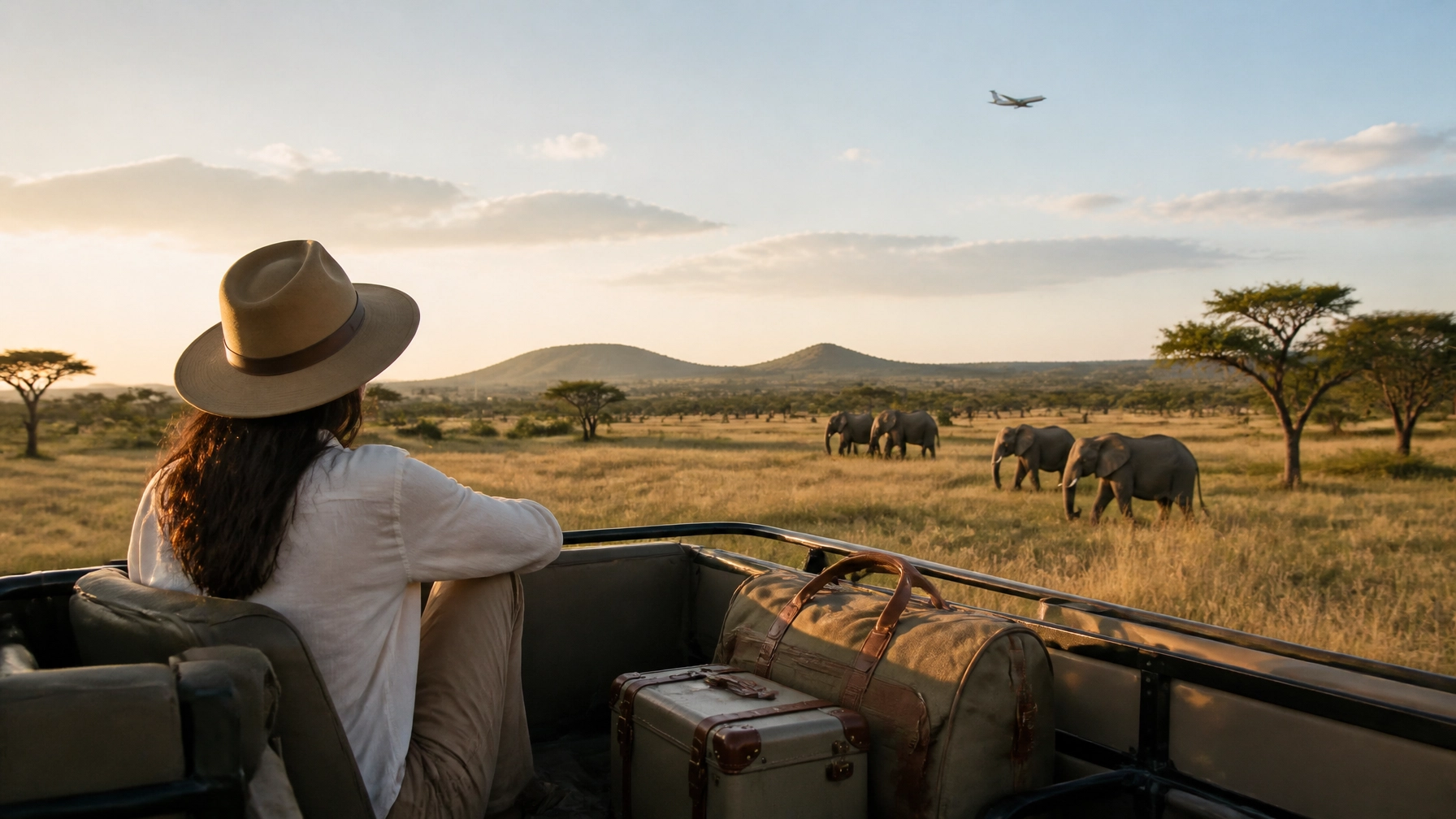 Traveler watching elephants across the golden African savanna from a luxury safari vehicle