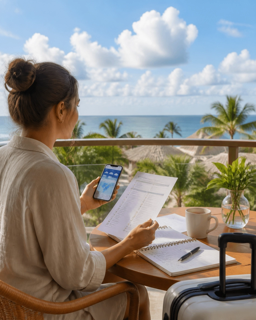 Traveler calmly reviewing a weather app and itinerary from a sunny tropical balcony