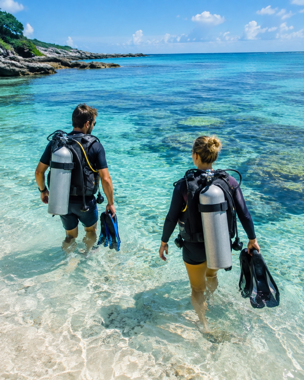 Two scuba buddies preparing for a calm Caribbean shore dive