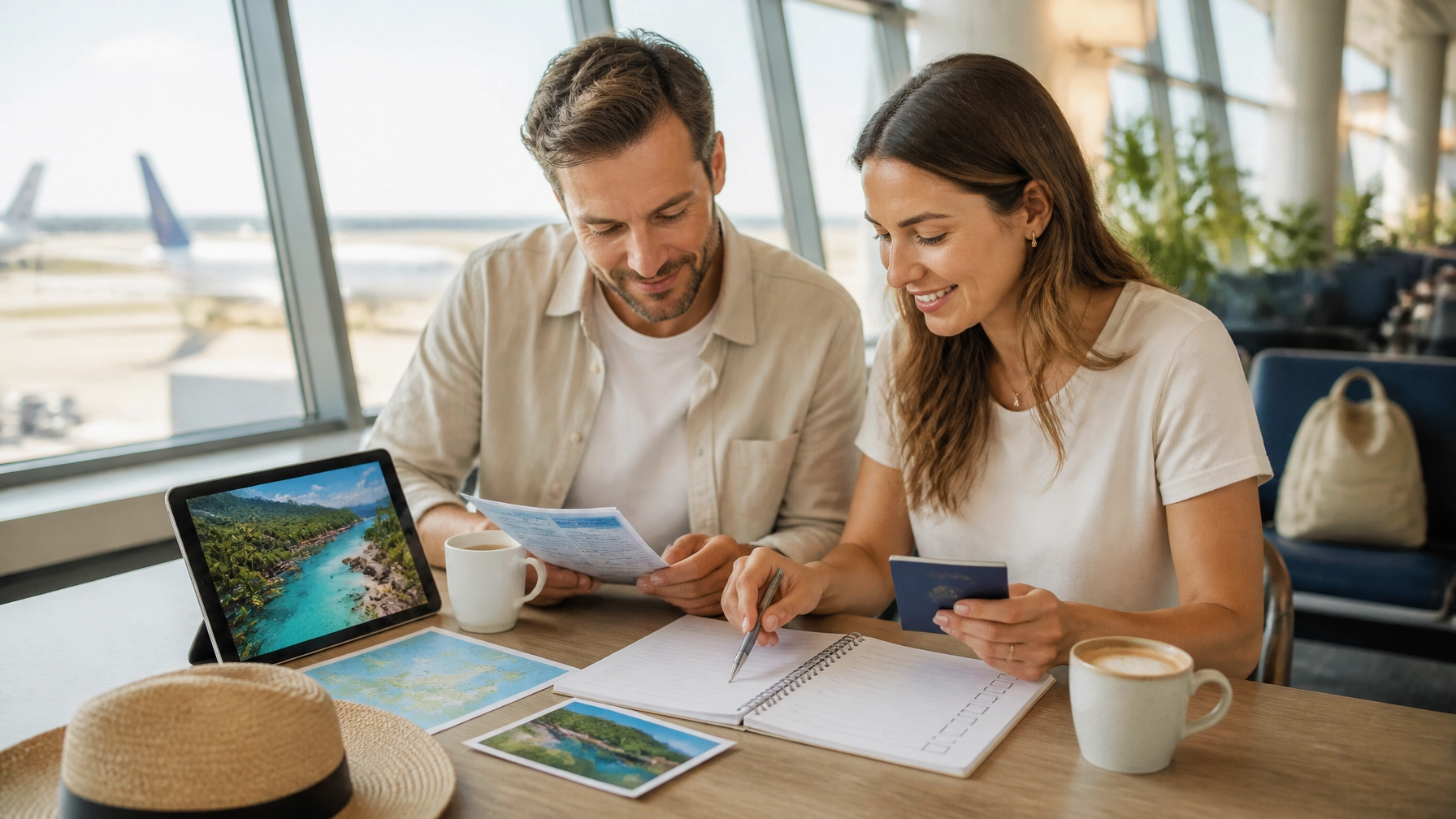 Traveler reviewing trip documents and coverage details in a bright airport lounge