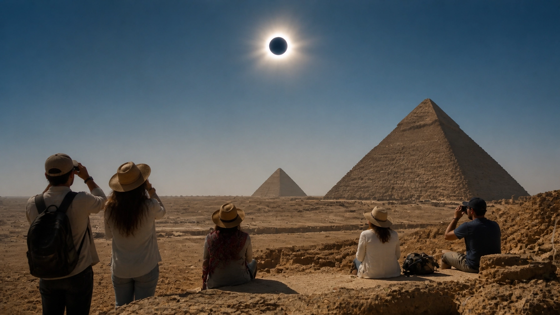 Total solar eclipse above the pyramids in Egypt with travelers watching from a desert viewpoint