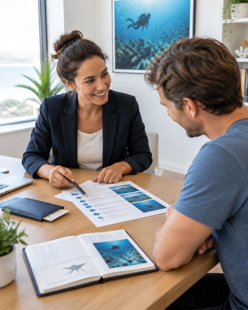 Travel concierge reviewing a dive itinerary with a solo traveler