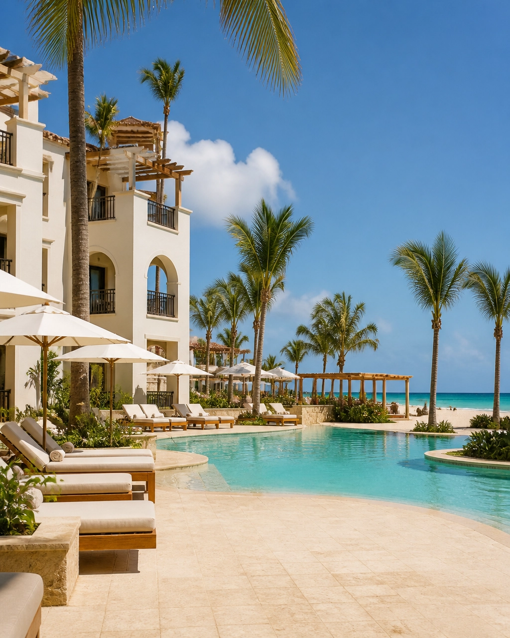 Four-star beachfront resort with a pool and turquoise Caribbean water