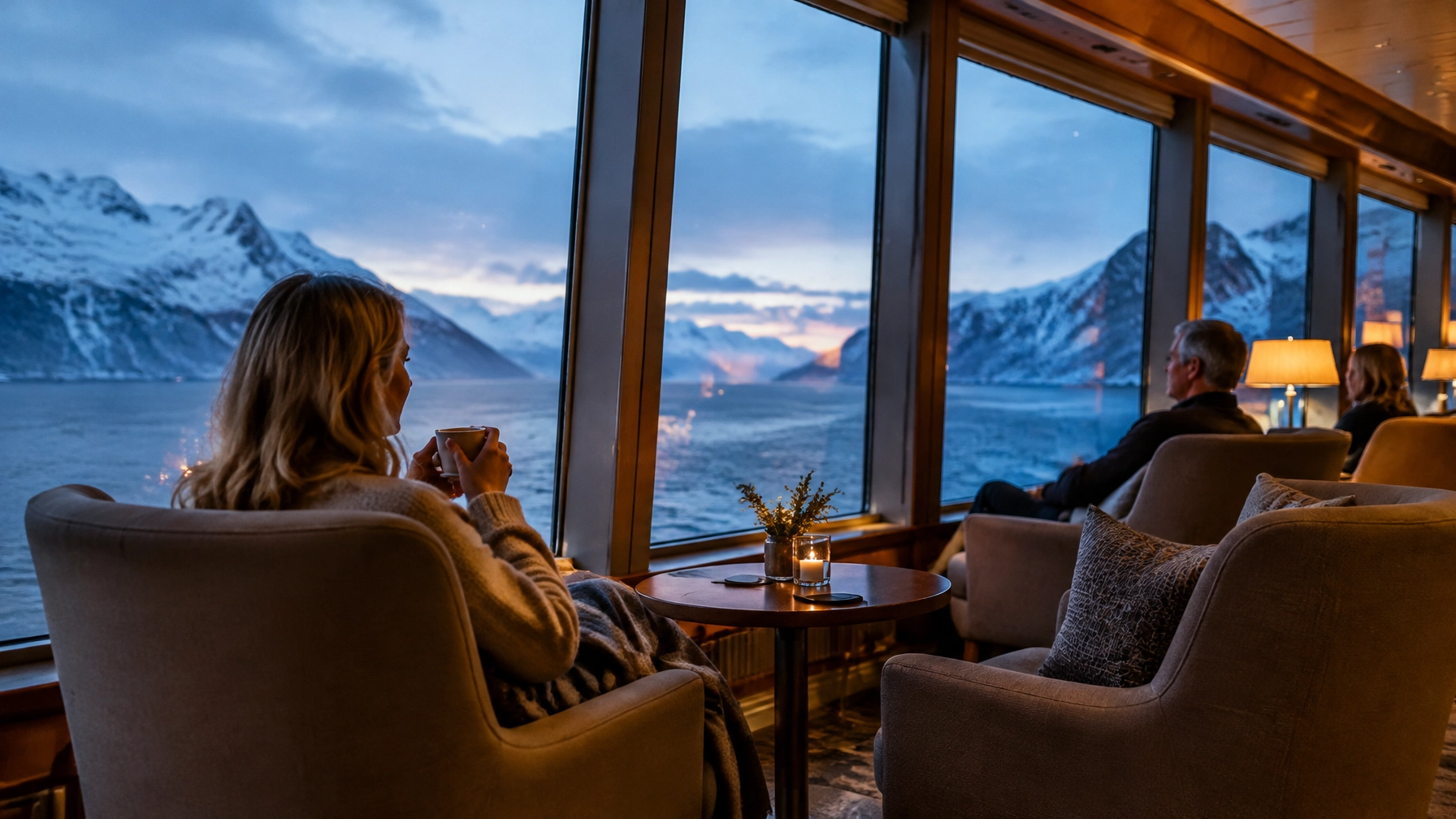 Travelers relax in a warm lounge with panoramic views of a winter fjord