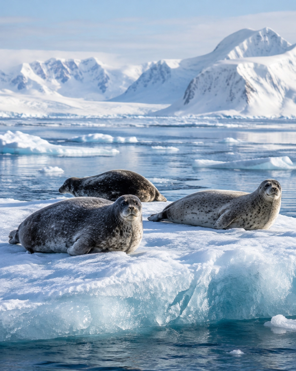 Seals resting on an Antarctic ice floe in calm polar water