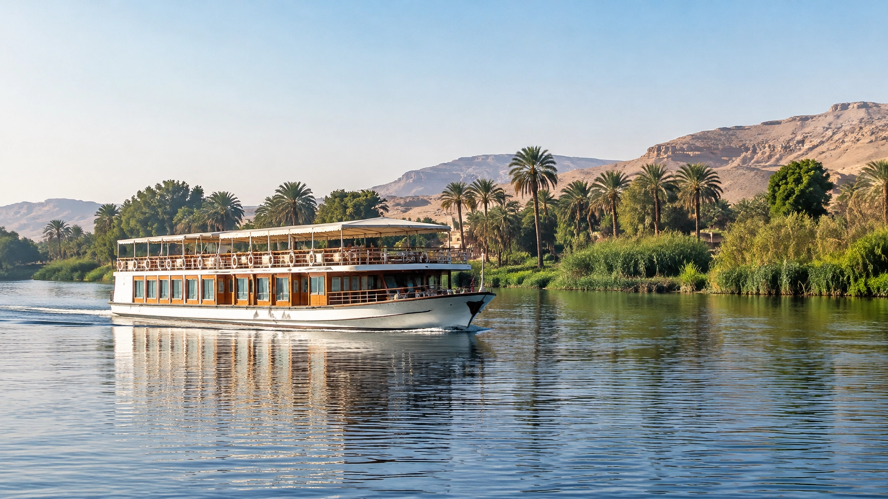 A Nile riverboat cruising past green riverbanks and desert hills in winter sunshine