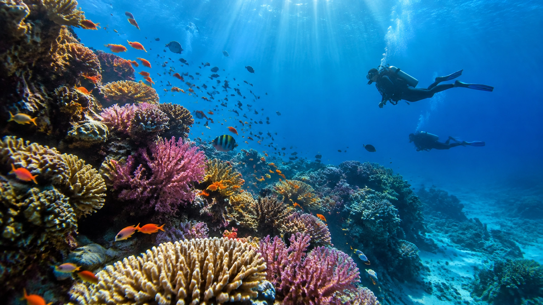 Divers exploring colorful coral and reef fish in the clear waters of the Red Sea