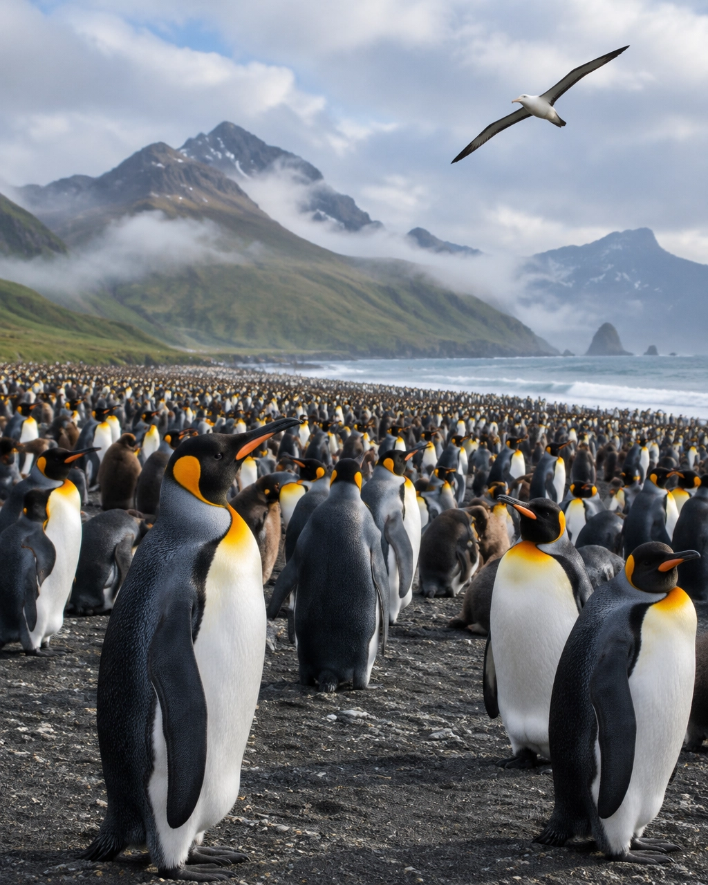 King penguins gathered along South Georgia’s rugged coast