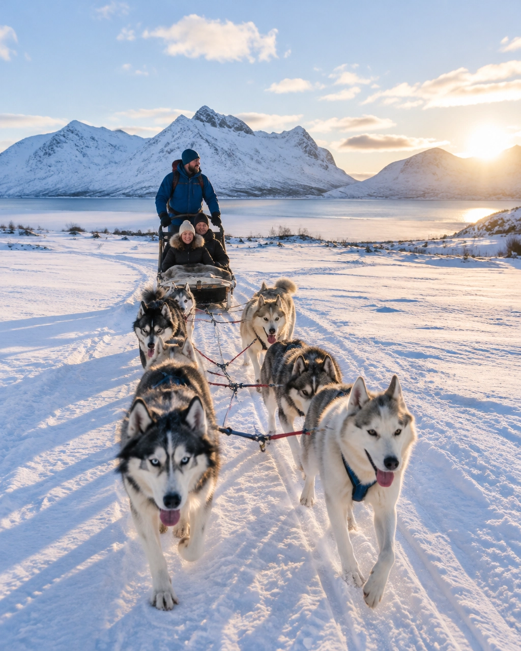 Visitors enjoy a dog sledding outing in a snowy northern Norwegian landscape