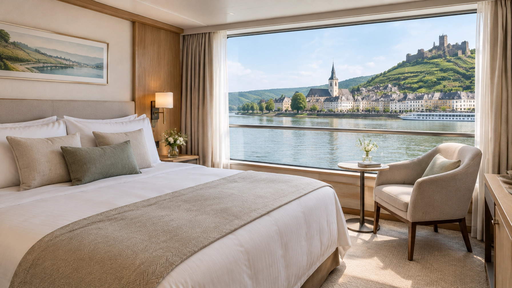 A comfortable river cruise cabin with a large window overlooking the water