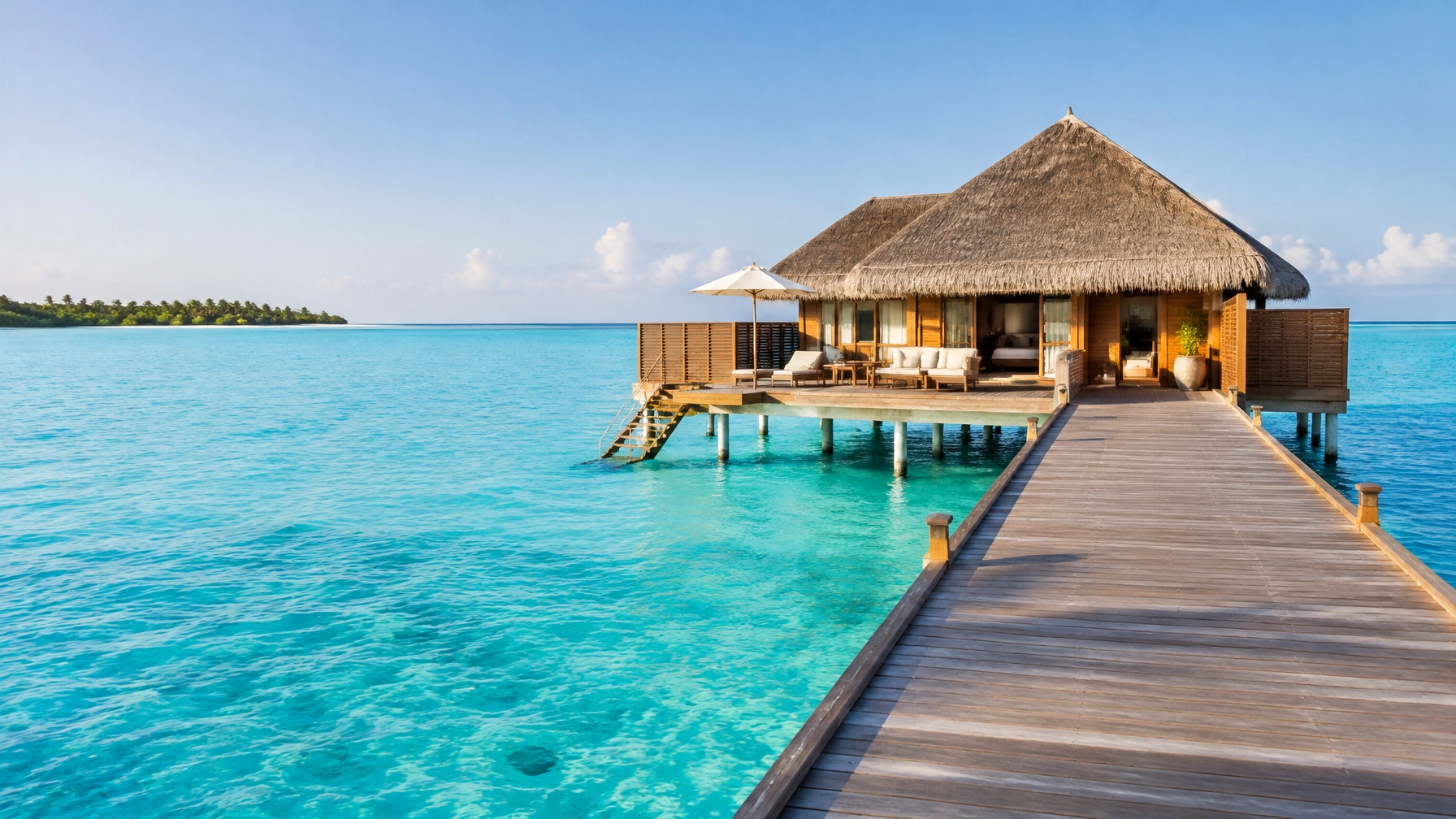 Overwater resort villa and pier above a calm Maldives lagoon