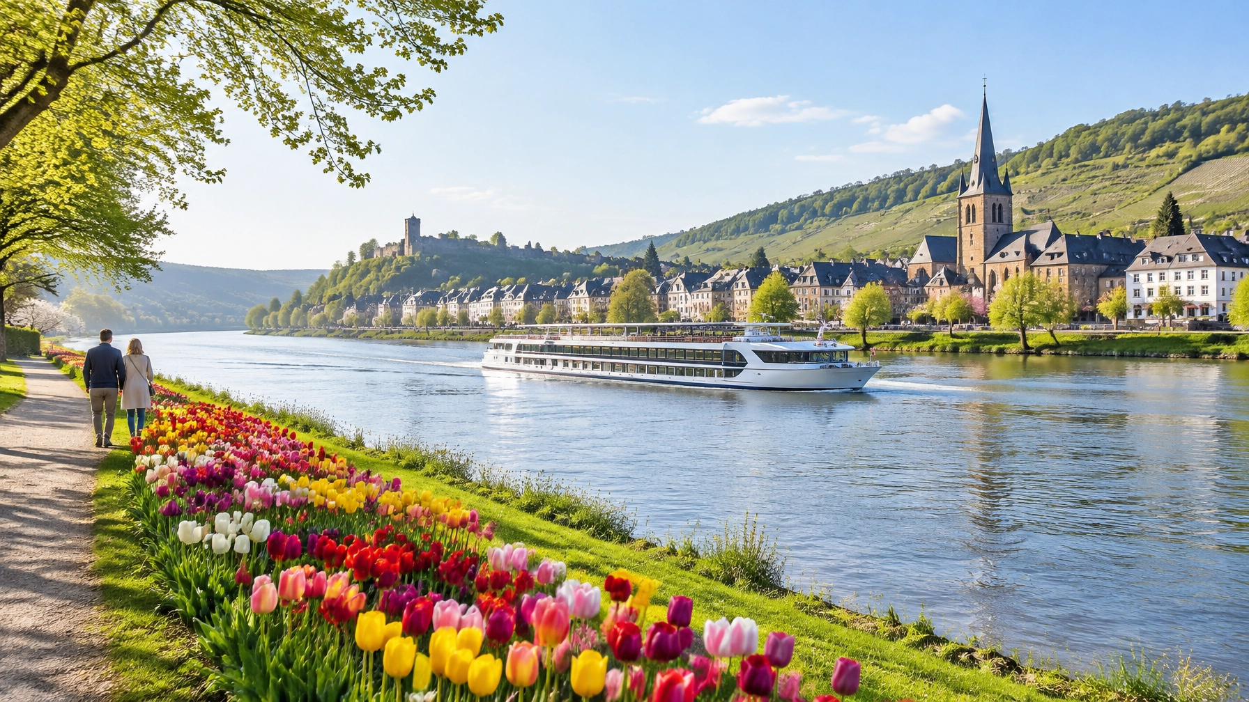 A river cruise ship passes colorful tulip fields and a European village in spring