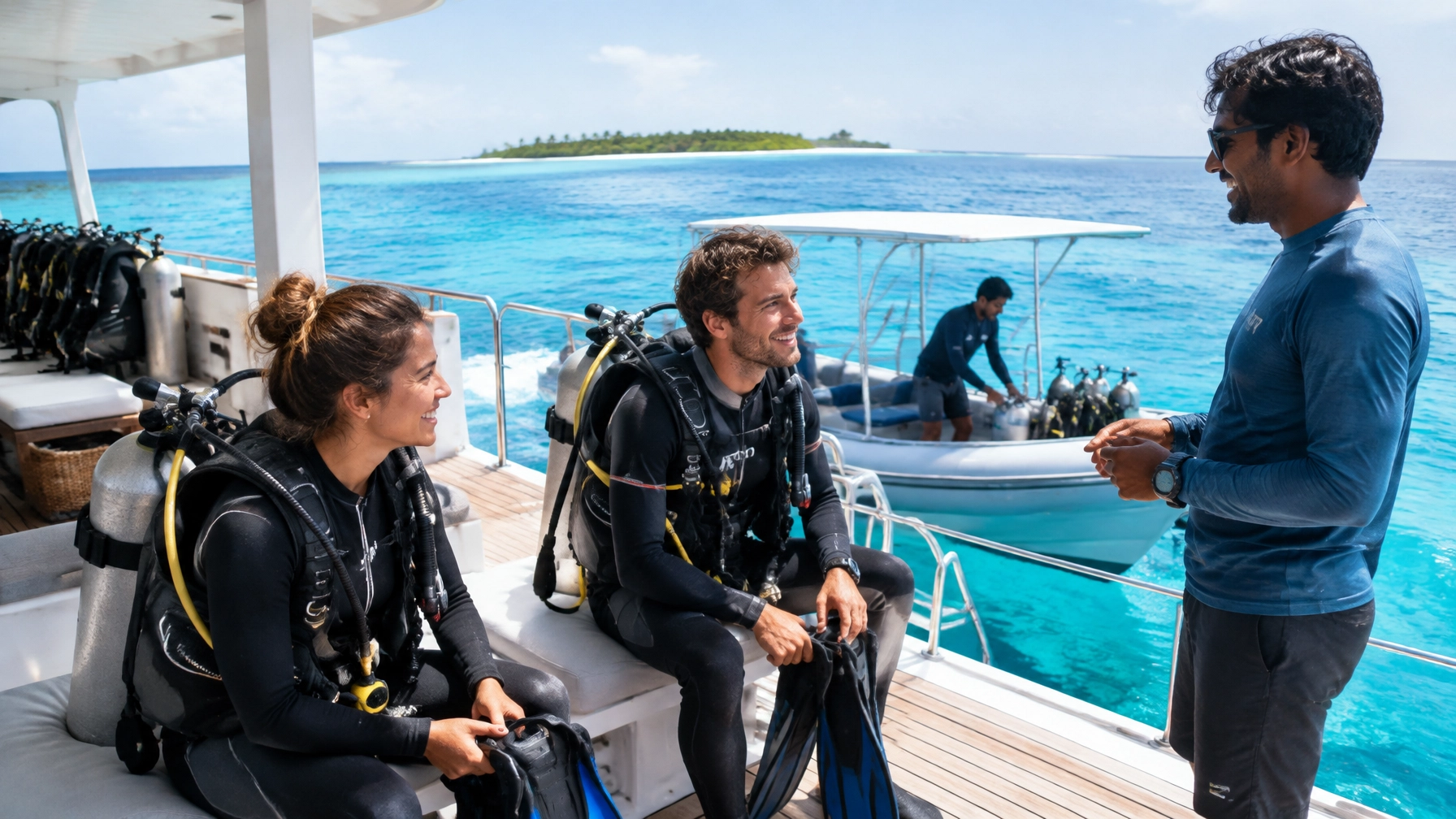 Divers preparing on a bright liveaboard dive deck beside turquoise water