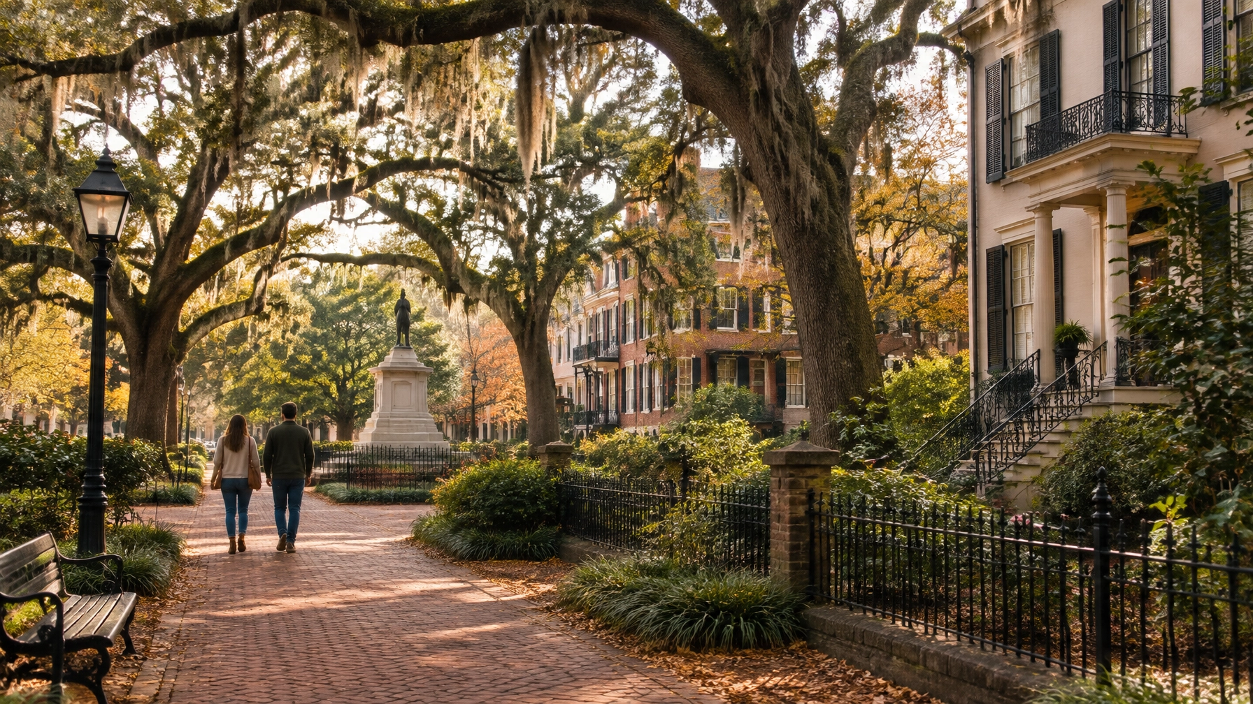 Savannah’s moss-draped squares and historic architecture in warm autumn light