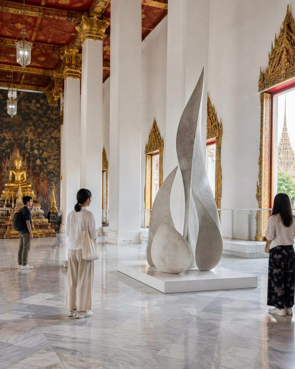 Visitors quietly observing contemporary art in a Bangkok temple interior