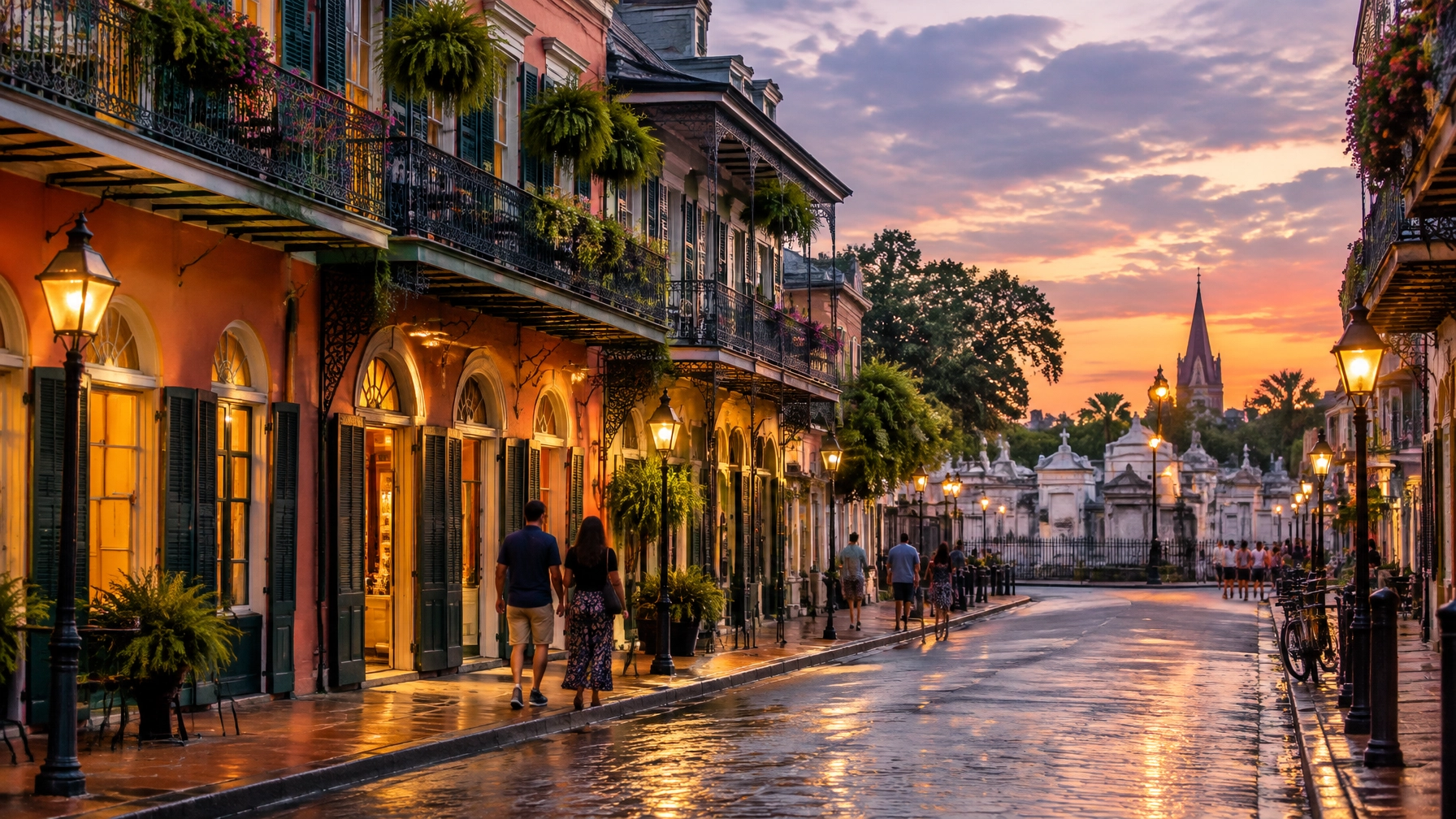 New Orleans French Quarter at dusk with historic architecture and warm street lamps