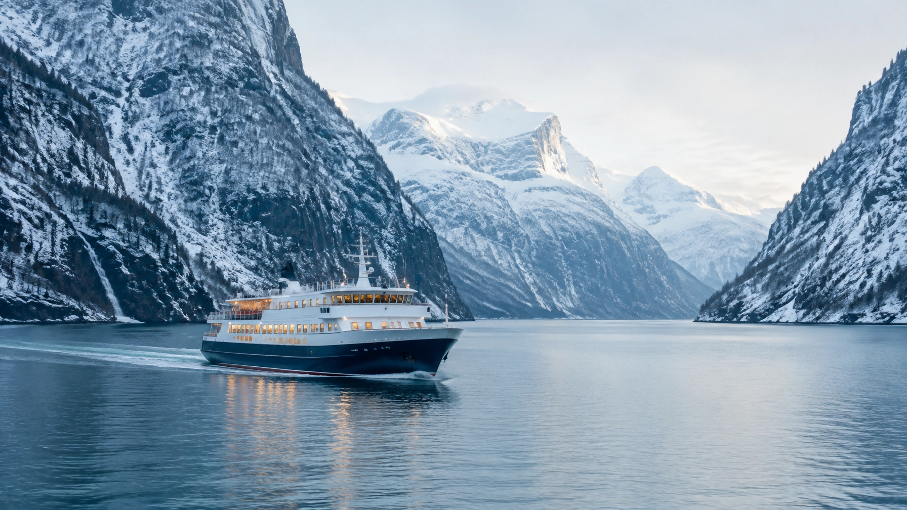 A small coastal ship passes through a snowy Norwegian fjord in winter