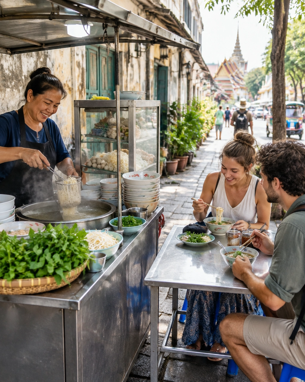 Travelers enjoying a bowl of noodles at a Bangkok street food stall