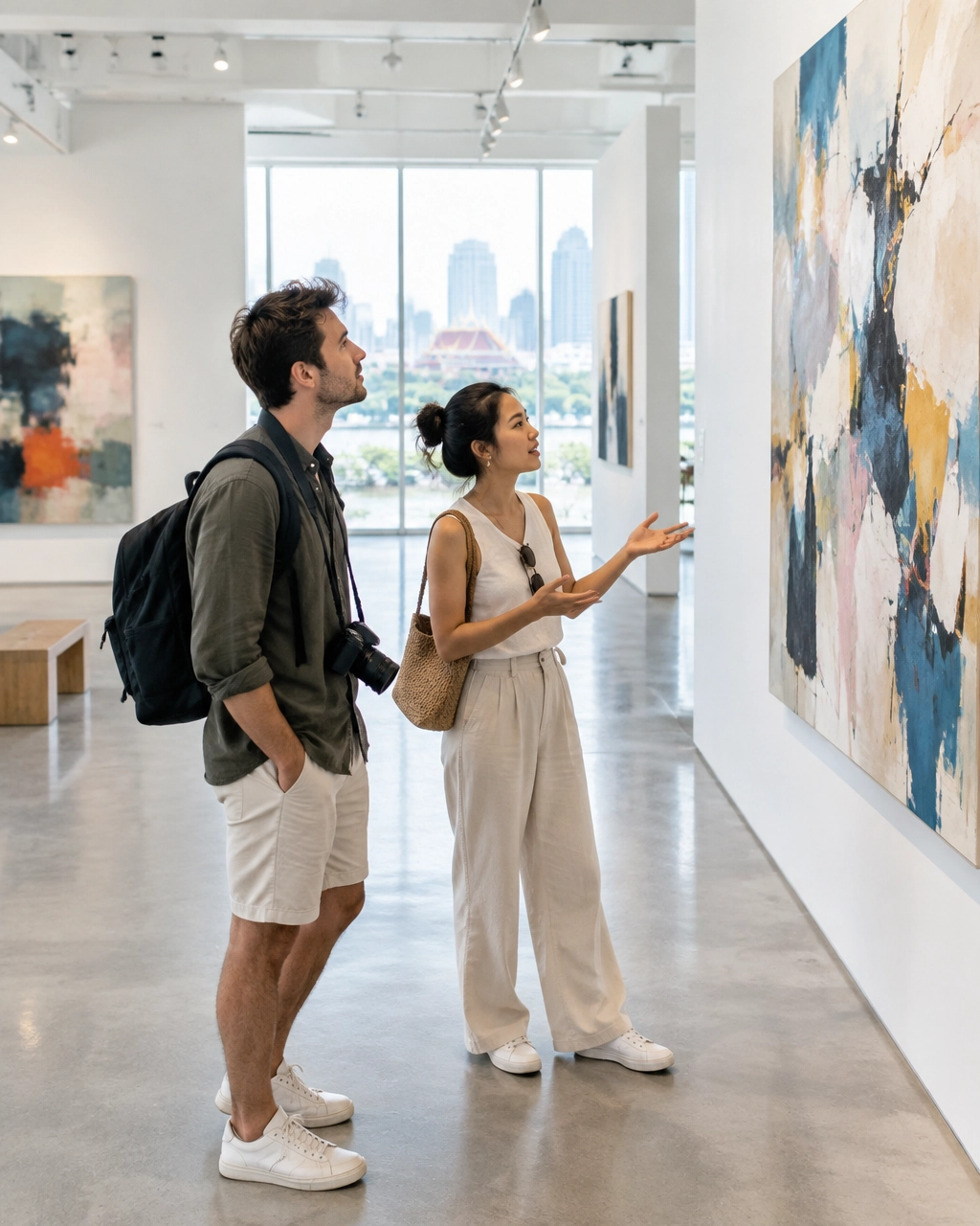 Two travelers exploring a contemporary art gallery in Bangkok