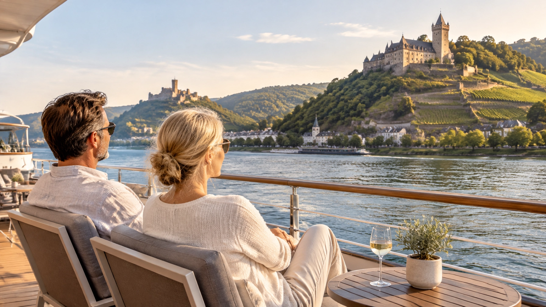 A couple watches Rhine castles and vineyards from a river cruise ship’s sun deck