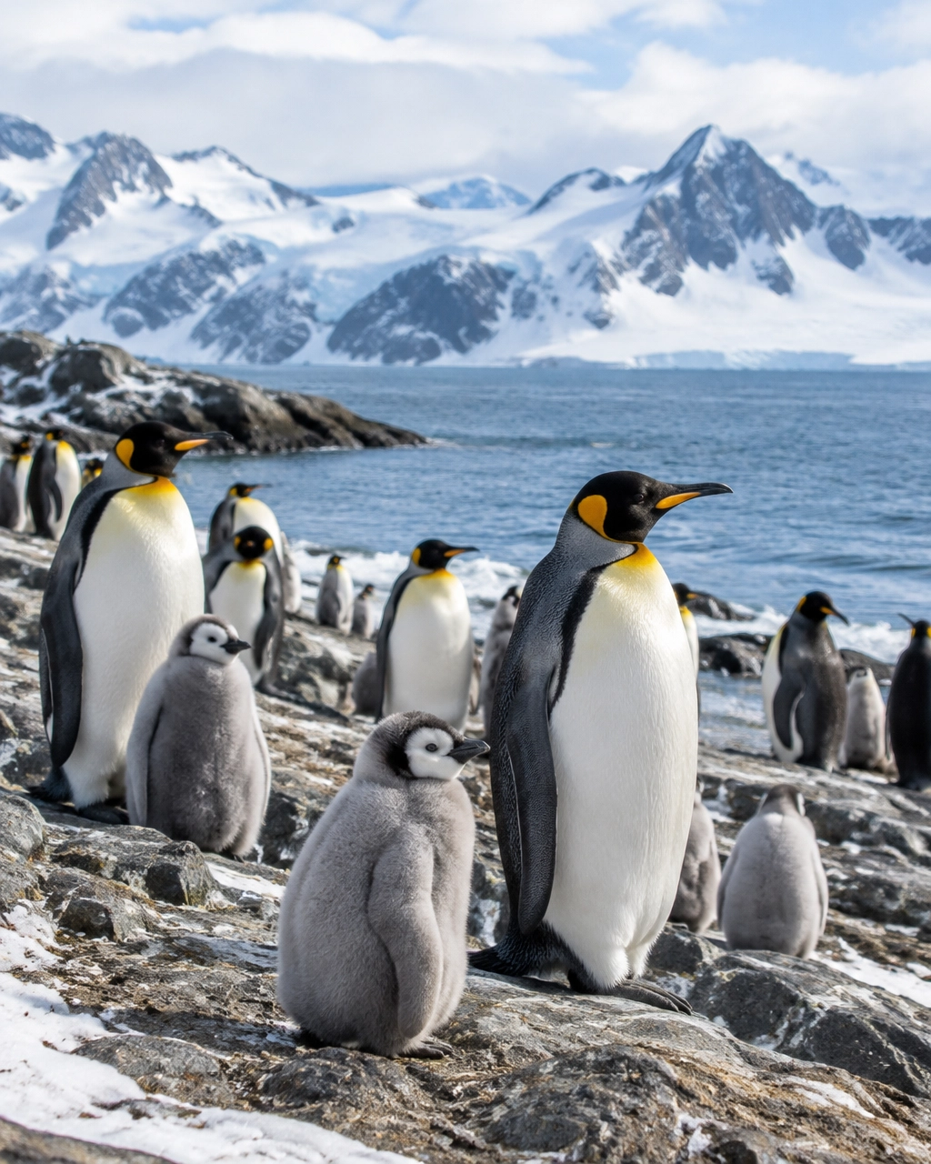 Penguins gathered along a snow-dusted Antarctic shoreline