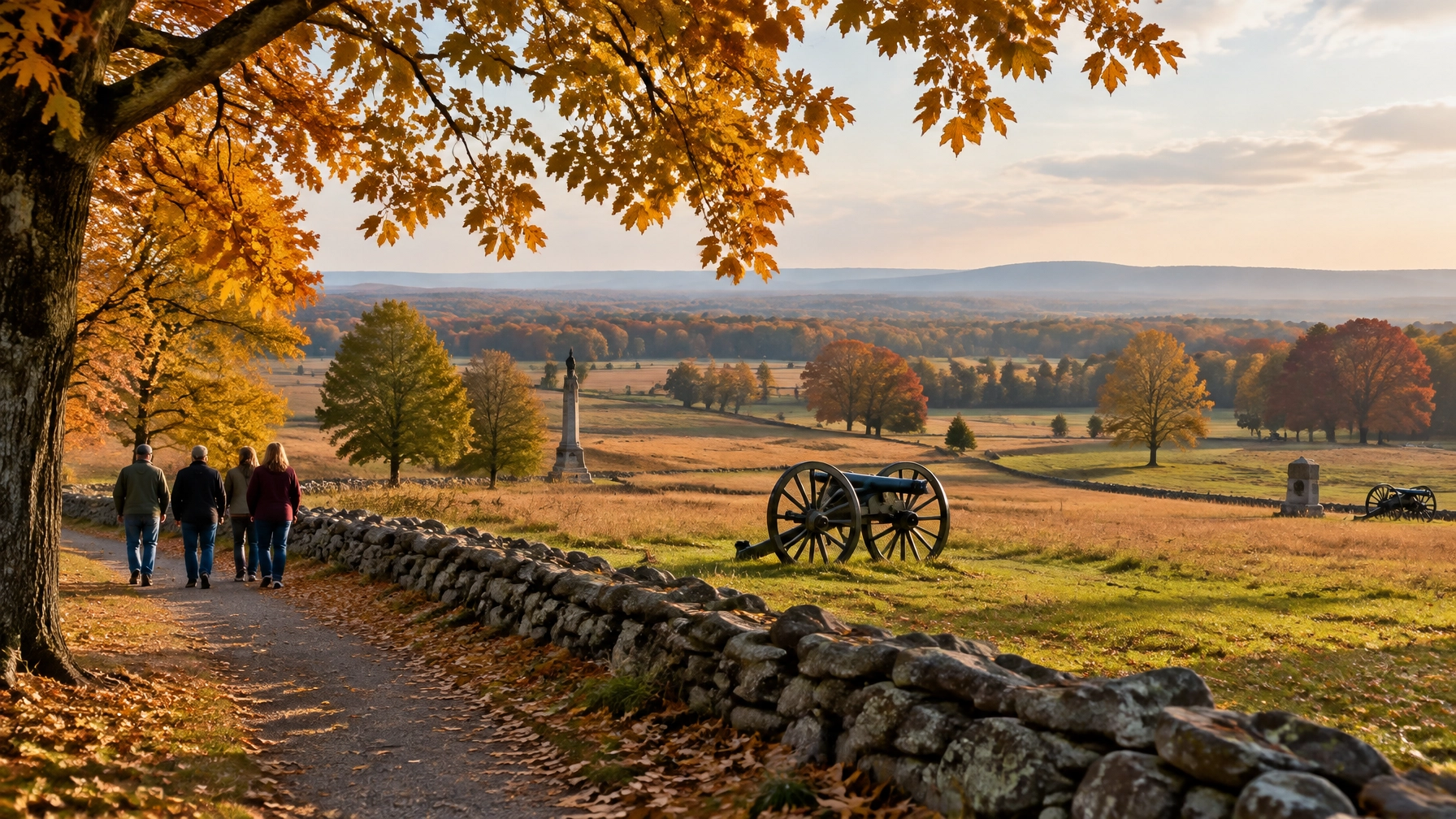 Gettysburg’s autumn battlefield landscape with a stone wall and historic markers