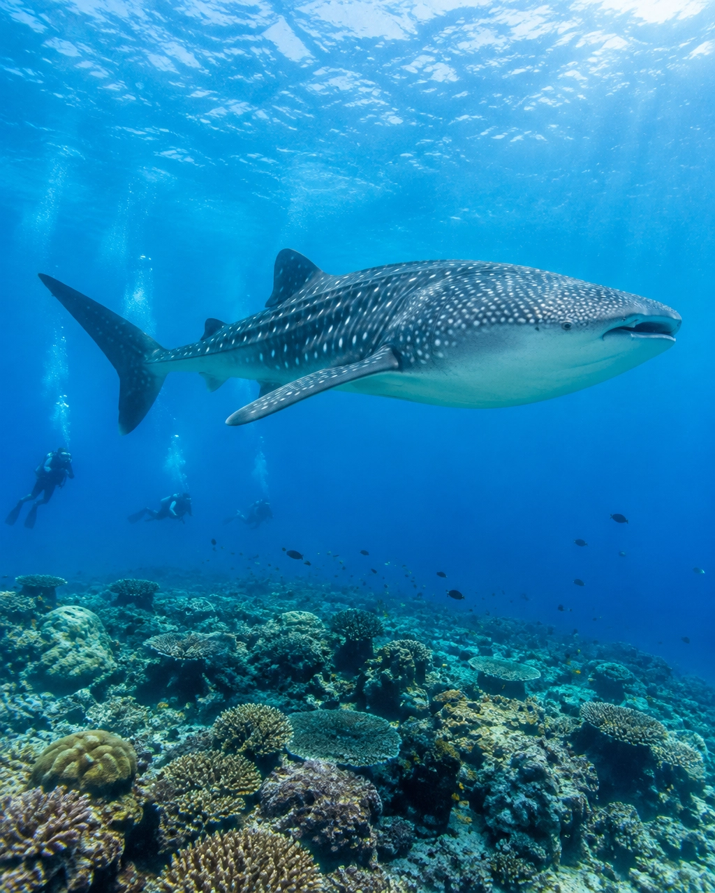 Whale shark swimming peacefully above a Maldivian reef with distant divers