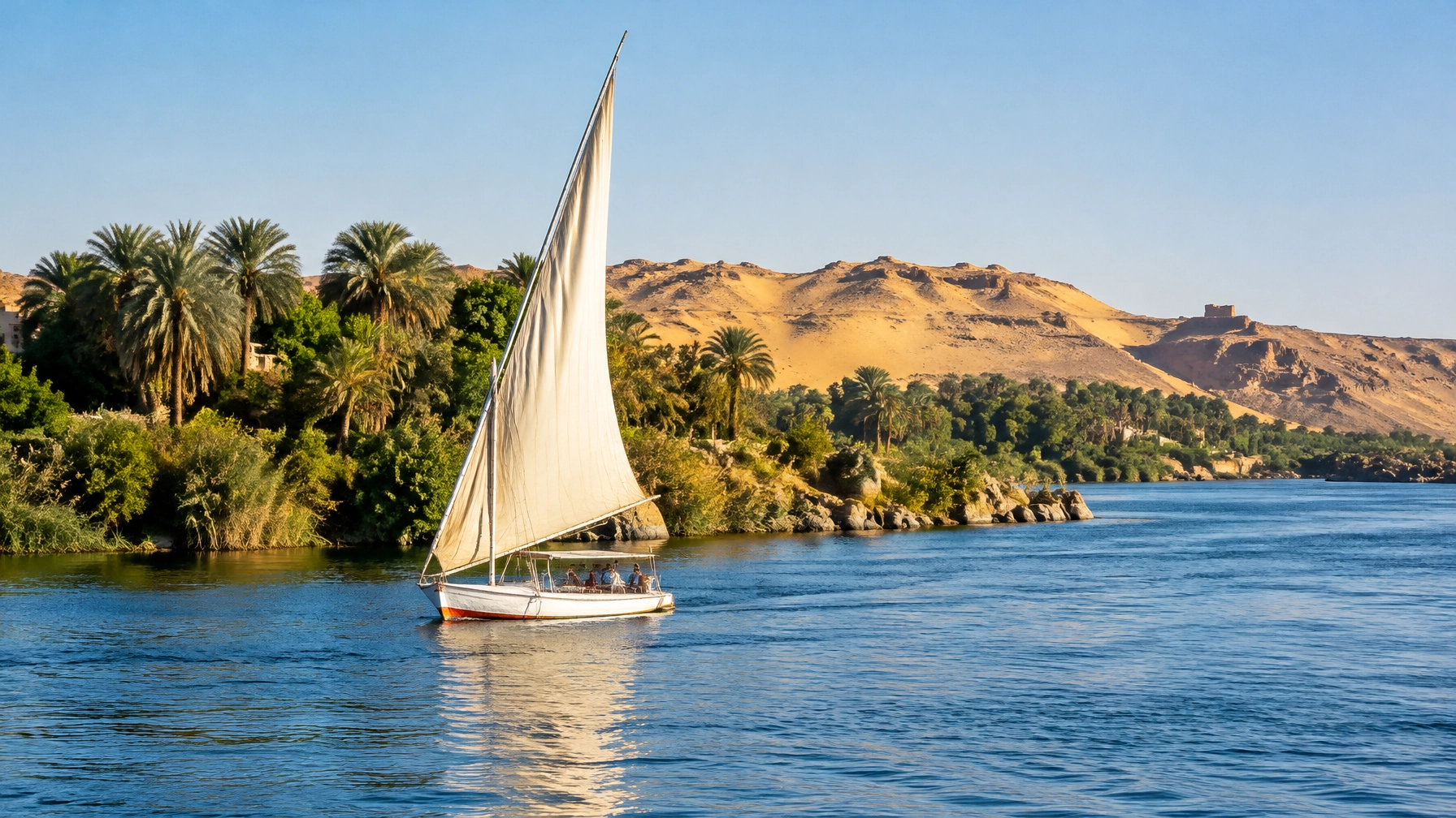 A felucca sailing on the Nile near Aswan beneath a bright winter sky